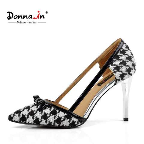 Lady Houndstooth High Heels Pumps Women Leather Bowtie Dress Shoes